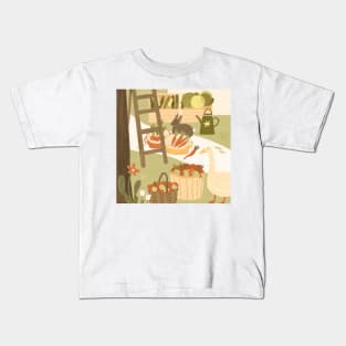 Farm bunny and goose surrounded by apple baskets Kids T-Shirt